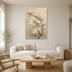 Ivory Magnolia Branch Botanical Bedroom Wall Art Canvas Print styled in a refined neutral interior