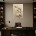 Ivory Magnolia Branch Botanical Bedroom Wall Art Canvas Print displayed in a contemporary gallery-inspired room