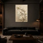 Ivory Magnolia Branch Botanical Bedroom Wall Art Canvas Print shown in a warm modern interior