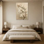 Ivory Magnolia Branch Botanical Bedroom Wall Art Canvas Print showcased in an elegant minimalist interior