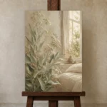 Sunlit Laurel Wildflower Botanical Bedroom Wall Art Canvas Print displayed on a studio easel