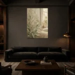 Sunlit Laurel Wildflower Botanical Bedroom Wall Art Canvas Print shown in a warm modern interior