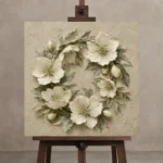 Ivory Hellebore Wreath Botanical Bedroom Wall Art Canvas Print displayed on a studio easel