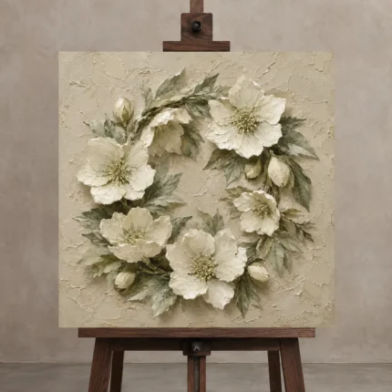 Ivory Hellebore Wreath Botanical Bedroom Wall Art Canvas Print displayed on a studio easel
