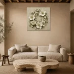 Ivory Hellebore Wreath Botanical Bedroom Wall Art Canvas Print presented in a sophisticated home setting