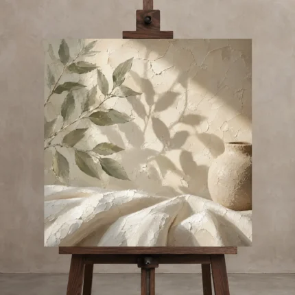 Olive Branch Shadows Botanical Bedroom Wall Art Canvas Print displayed on a studio easel