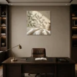 Olive Branch Shadows Botanical Bedroom Wall Art Canvas Print displayed in a contemporary gallery-inspired room