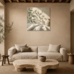 Olive Branch Shadows Botanical Bedroom Wall Art Canvas Print presented in a sophisticated home setting