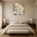 Olive Branch Shadows Botanical Bedroom Wall Art Canvas Print showcased in an elegant minimalist interior