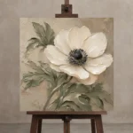 Ivory Anemone Botanical Bedroom Wall Art Canvas Print displayed on a studio easel
