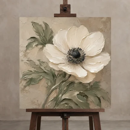 Ivory Anemone Botanical Bedroom Wall Art Canvas Print displayed on a studio easel