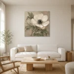 Ivory Anemone Botanical Bedroom Wall Art Canvas Print styled in a refined neutral interior