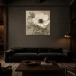 Ivory Anemone Botanical Bedroom Wall Art Canvas Print shown in a warm modern interior