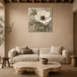 Ivory Anemone Botanical Bedroom Wall Art Canvas Print presented in a sophisticated home setting