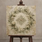 Laurel Blossom Wreath Botanical Bedroom Wall Art Canvas Print displayed on a studio easel