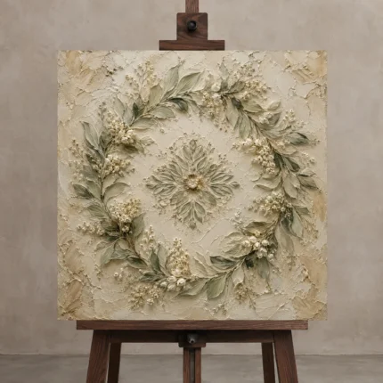 Laurel Blossom Wreath Botanical Bedroom Wall Art Canvas Print displayed on a studio easel