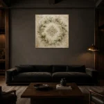 Laurel Blossom Wreath Botanical Bedroom Wall Art Canvas Print shown in a warm modern interior