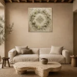 Laurel Blossom Wreath Botanical Bedroom Wall Art Canvas Print presented in a sophisticated home setting