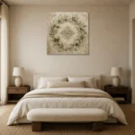 Laurel Blossom Wreath Botanical Bedroom Wall Art Canvas Print showcased in an elegant minimalist interior