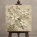 Ivory Clematis Vine Botanical Bedroom Wall Art Canvas Print displayed on a studio easel