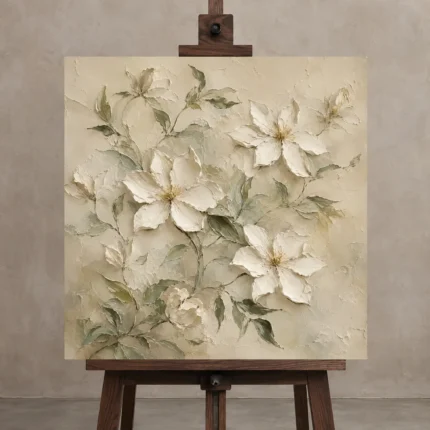 Ivory Clematis Vine Botanical Bedroom Wall Art Canvas Print displayed on a studio easel