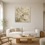 Ivory Clematis Vine Botanical Bedroom Wall Art Canvas Print styled in a refined neutral interior