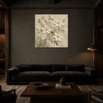Ivory Clematis Vine Botanical Bedroom Wall Art Canvas Print shown in a warm modern interior