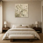 Ivory Clematis Vine Botanical Bedroom Wall Art Canvas Print showcased in an elegant minimalist interior