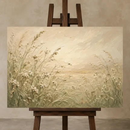 Meadow Wildflowers Botanical Bedroom Wall Art Canvas Print displayed on a studio easel