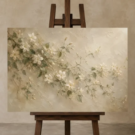 Ivory Jasmine Vine Botanical Bedroom Wall Art Canvas Print displayed on a studio easel