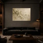 Ivory Jasmine Vine Botanical Bedroom Wall Art Canvas Print shown in a warm modern interior