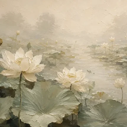 Ivory Lotus Pond Botanical Bedroom Wall Art Canvas Print