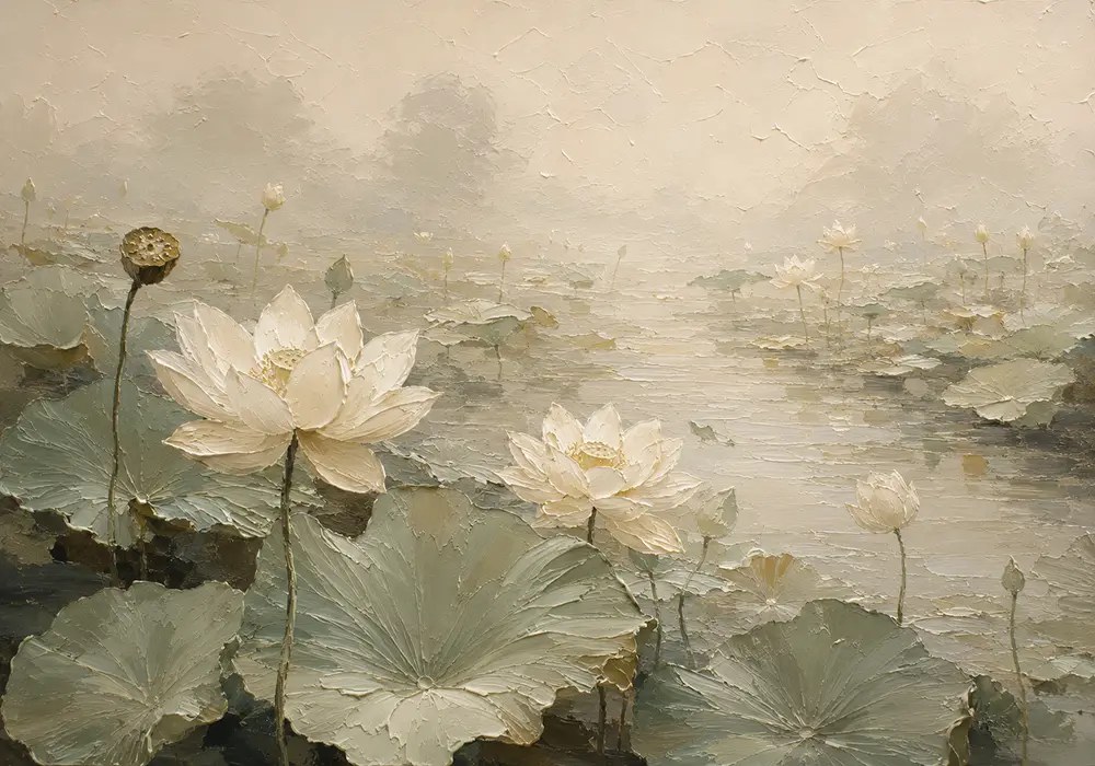 Ivory Lotus Pond Botanical Bedroom Wall Art Canvas Print