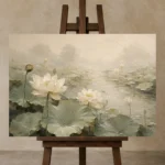Ivory Lotus Pond Botanical Bedroom Wall Art Canvas Print displayed on a studio easel