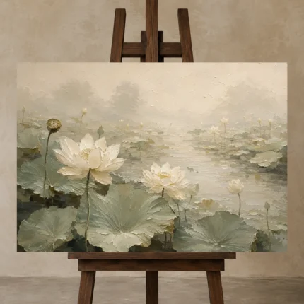 Ivory Lotus Pond Botanical Bedroom Wall Art Canvas Print displayed on a studio easel