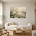 Ivory Lotus Pond Botanical Bedroom Wall Art Canvas Print styled in a refined neutral interior