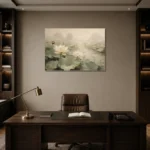 Ivory Lotus Pond Botanical Bedroom Wall Art Canvas Print displayed in a contemporary gallery-inspired room