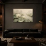 Ivory Lotus Pond Botanical Bedroom Wall Art Canvas Print shown in a warm modern interior
