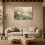Ivory Lotus Pond Botanical Bedroom Wall Art Canvas Print presented in a sophisticated home setting