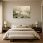 Ivory Lotus Pond Botanical Bedroom Wall Art Canvas Print showcased in an elegant minimalist interior