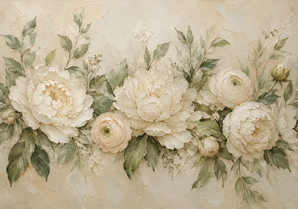 Ivory Peony Garland Botanical Bedroom Wall Art Canvas Print