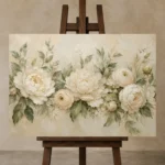Ivory Peony Garland Botanical Bedroom Wall Art Canvas Print displayed on a studio easel
