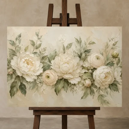 Ivory Peony Garland Botanical Bedroom Wall Art Canvas Print displayed on a studio easel