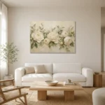 Ivory Peony Garland Botanical Bedroom Wall Art Canvas Print styled in a refined neutral interior