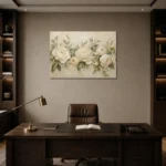 Ivory Peony Garland Botanical Bedroom Wall Art Canvas Print displayed in a contemporary gallery-inspired room