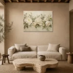 Ivory Peony Garland Botanical Bedroom Wall Art Canvas Print presented in a sophisticated home setting