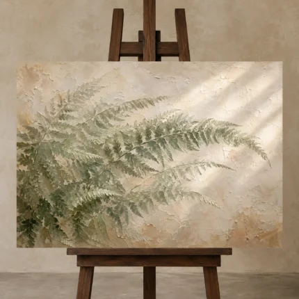 Soft Fern Fronds Botanical Bedroom Wall Art Canvas Print displayed on a studio easel