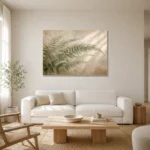 Soft Fern Fronds Botanical Bedroom Wall Art Canvas Print styled in a refined neutral interior