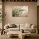 Soft Fern Fronds Botanical Bedroom Wall Art Canvas Print presented in a sophisticated home setting