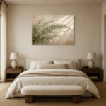 Soft Fern Fronds Botanical Bedroom Wall Art Canvas Print showcased in an elegant minimalist interior